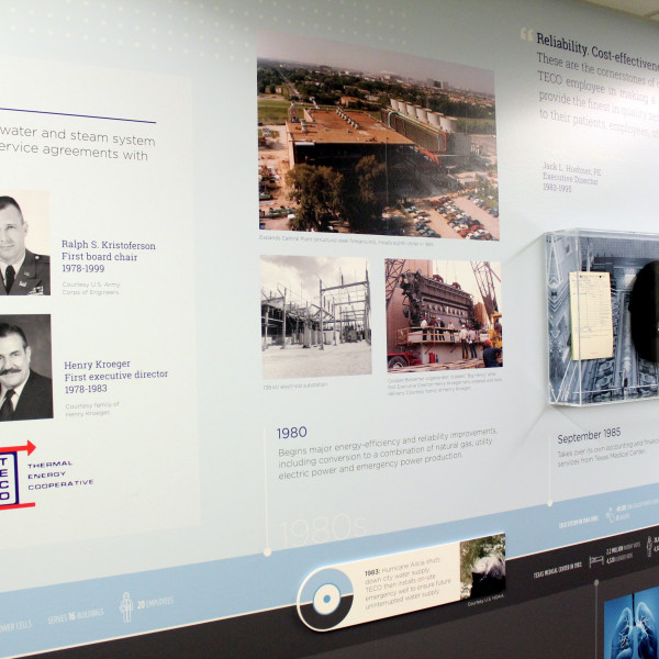 The timeline wall includes photos of TECO's first chairman of the board and first executive director.
