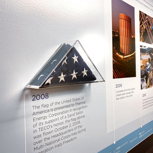 The U.S. flag presented to TECO for supporting a Sand Sailor is included in the timeline display.
