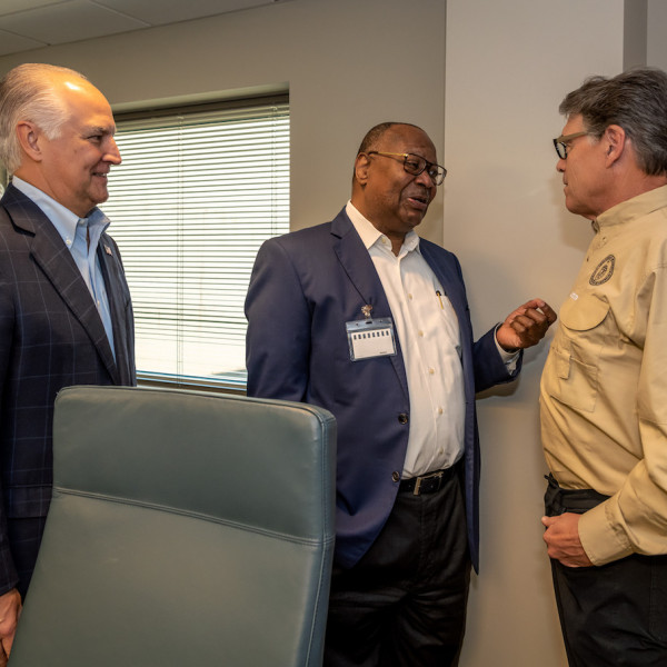 Left to right, Brad Howell, Jodie Lee Jiles and Secretary Perry during the July 2019 TECO tour.
