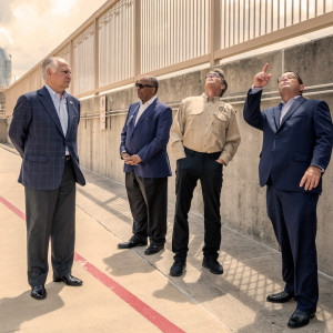 Front from left, TECO's Board Chair Bradley Howell, University of Texas Regent Jodie Lee Jiles, Secretary of Energy Rick Perry, TECO President and CEO Steve Swinson tour TECO's plant site.