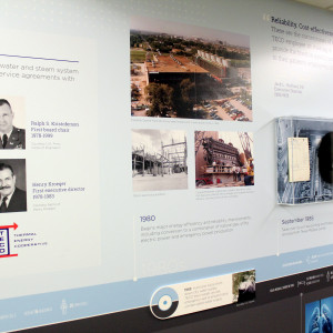 The timeline wall includes photos of TECO's first chairman of the board and first executive director.